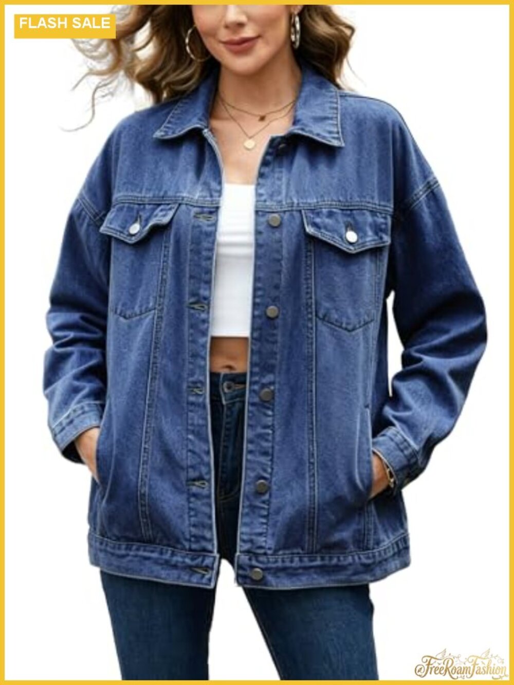 Women's Oversized Denim Jacket Boyfriend Fit Button Down Long Sleeve